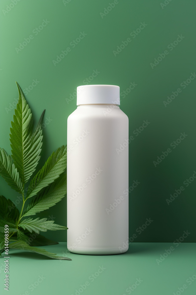 A close up of a bottle of medicine with a plant in the background. Generative AI. Blank beauty product bottle mockup. A close up of a bottle of medicine with a plant in the background. Generative AI. Blank beauty product bottle mockup.