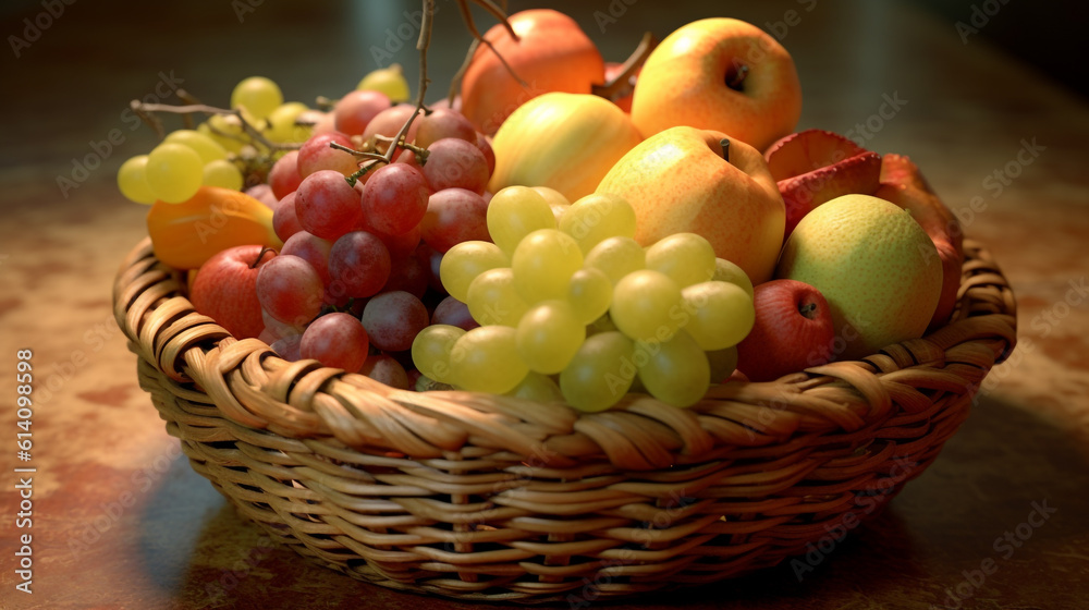 basket with a set of fruits on a wooden table. Generative Ai. basket with a set of fruits on a wooden table. Generative Ai.