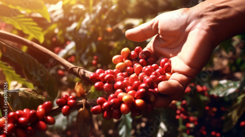 coffee picker showing freshly picked coffee beans. Generative Ai. 