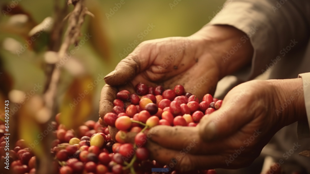 coffee picker shows freshly picked coffee beans in his palms. Generative Ai. 