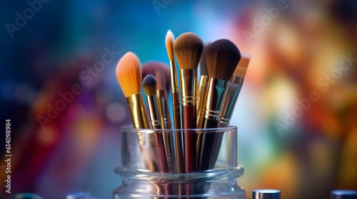 makeup brushes on a blurred background. Generative Ai. 