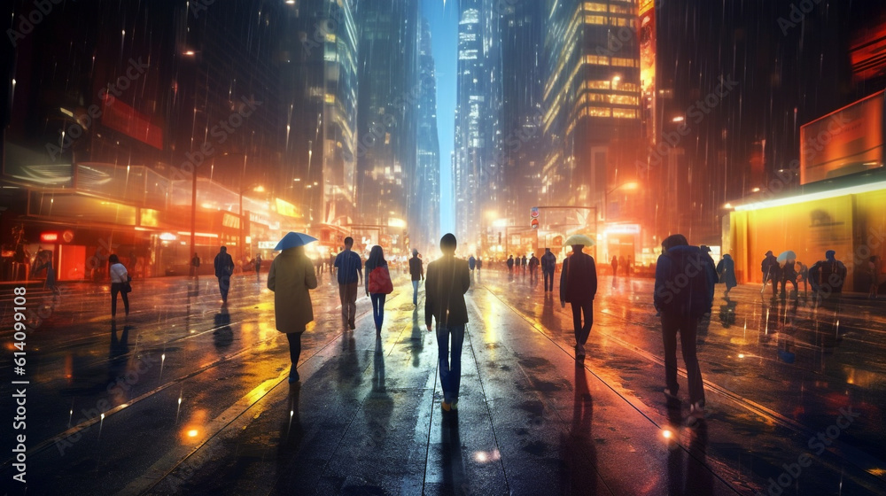 people walking around the city illuminated by evening lights at night. Generative Ai. 