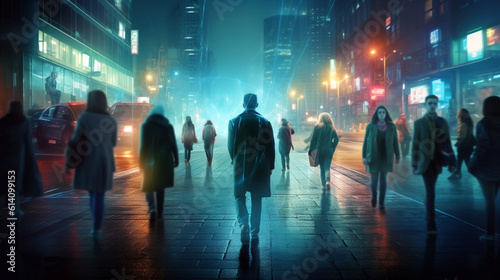 people walking in the city at night. Generative Ai.  © PETR BABKIN