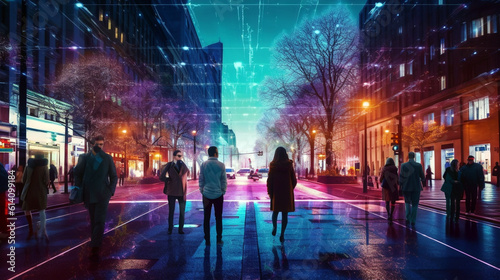 people walking on the street at night. Generative Ai. 