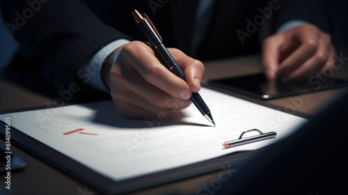businessman s hand signs a document  close-up. Generative Ai. 