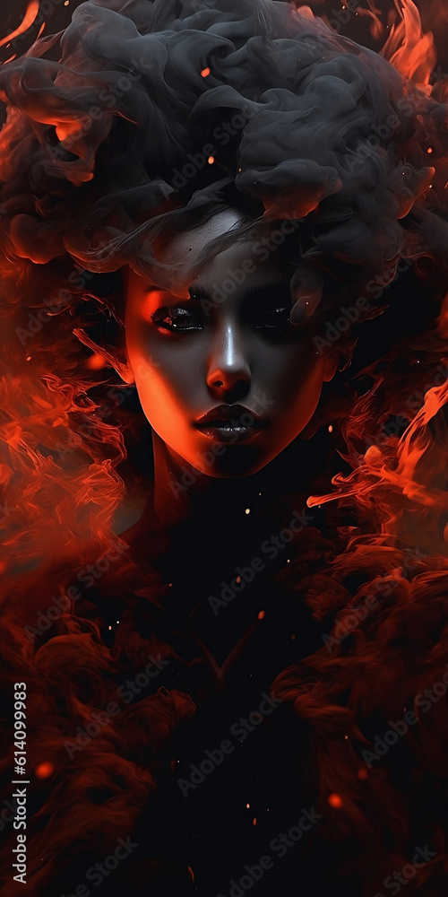 A dark and sinister techno gothic vampires dense cloud of smoke made of amber flames, portrait of a woman surround by dark and red smoke 