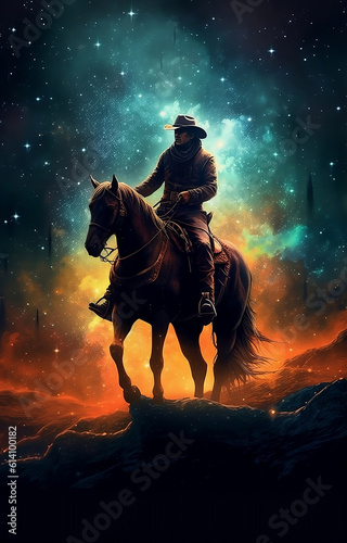 A cowboy is riding his horse with cosmic landscape background