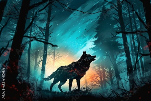 wolf silhouette in dark fantasy forest. Generative AI