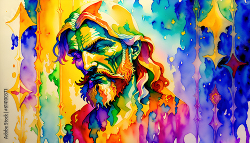 Colorful watercolor portrait of Jesus Christ on illuminated background with colors  in watercolor style. Generative AI.