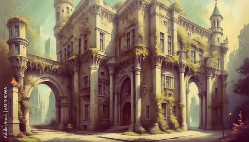 The enchanting palace enveloped by climbing plants. Watercolor style. Generative AI. © 4K_Heaven