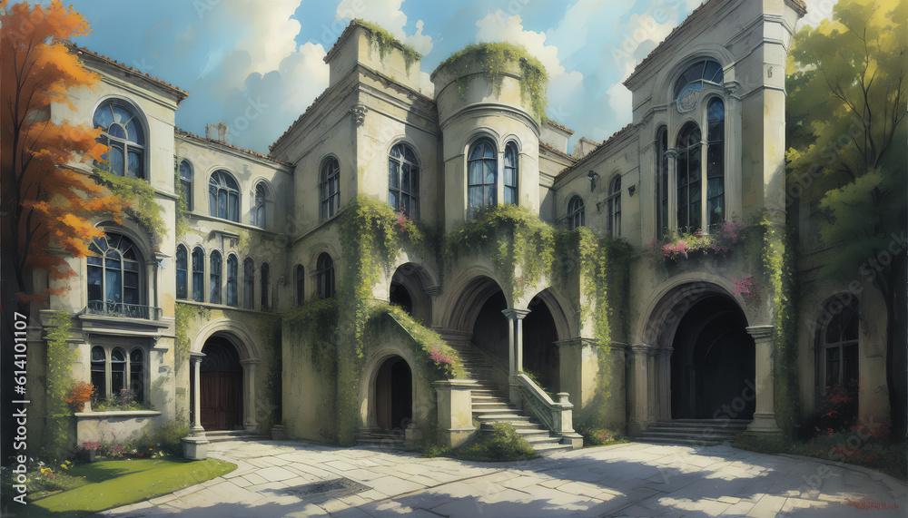 Fototapeta premium The castle on an island in stormy weather: dark and foreboding. A perilous place. Generative AI.