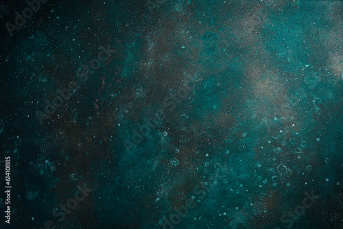 Beautiful Abstract Grunge Decorative Turquoise Dark Wall Background. Art Rough Stylized Texture Web Banner With Space For Text. Textured Background with bright center spotlight.