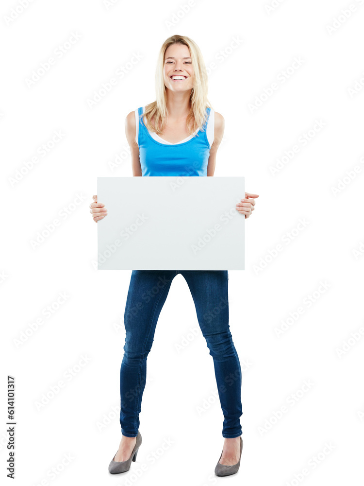 Portrait, poster mockup or happy woman with product promotion isolated on transparent png background. Laughing, funny or excited person smiling with marketing board sign or showing commercial or news Portrait, poster mockup or happy woman with product promotion isolated on transparent png background. Laughing, funny or excited person smiling with marketing board sign or showing commercial or news