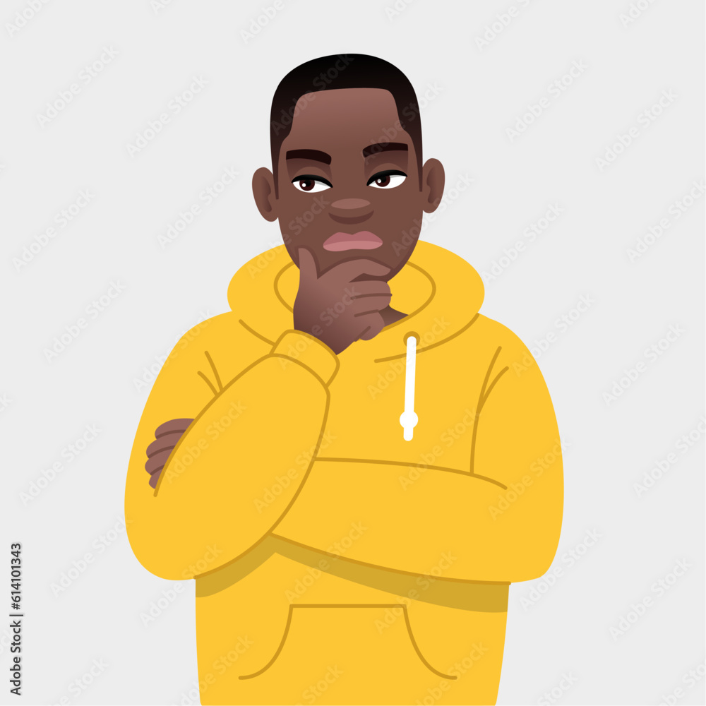A young black guy with glasses is thinking about something. African successful confident boy in yellow hoodie.