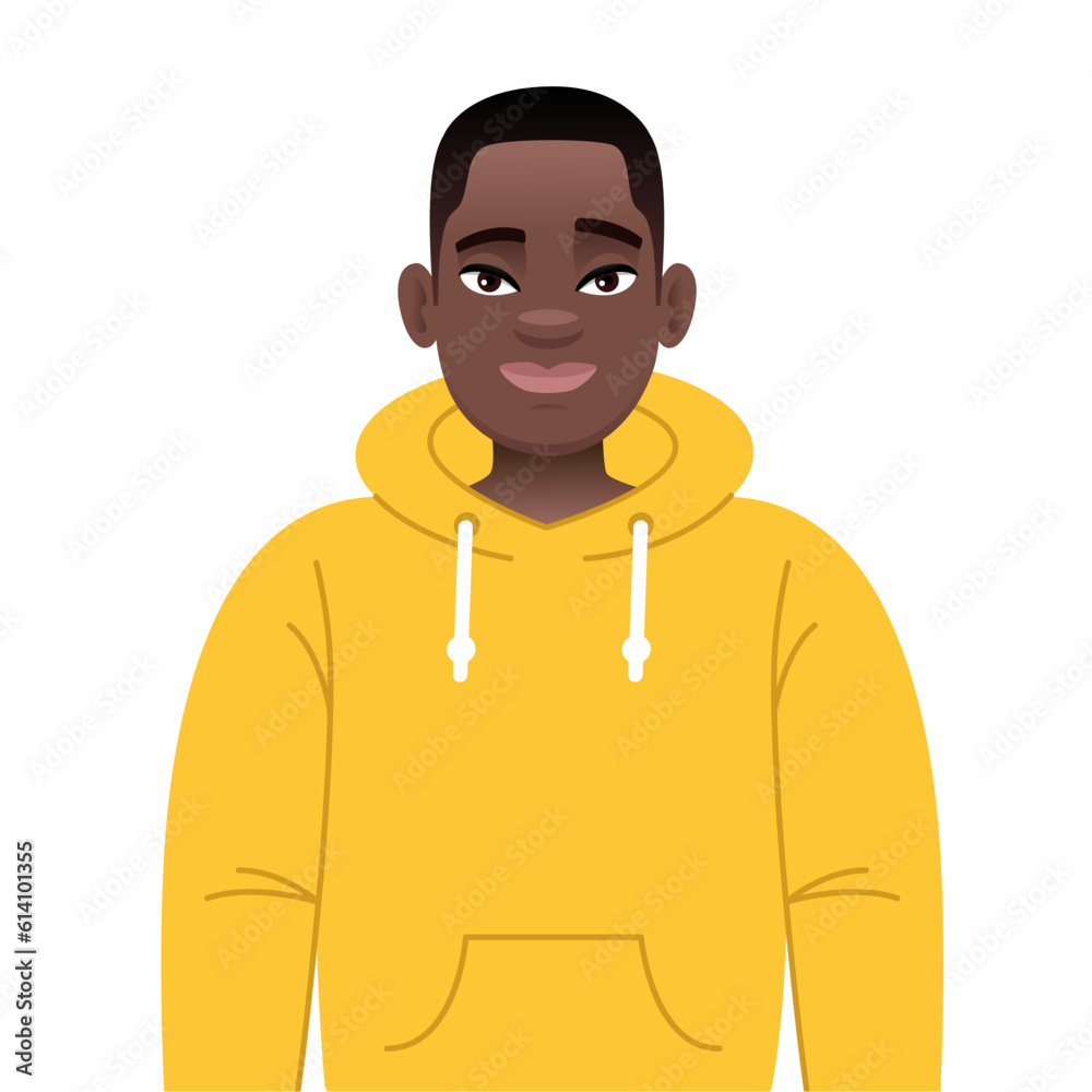 Portrait of a happy black young guy with glasses. African successful confident boy in yellow hoodie.