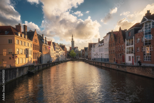 Historic buildings and canal landscapes in Bruges, Belgium