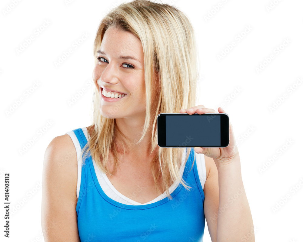 Mockup, mobile or portrait of happy girl with screen space isolated on transparent png background. Smile, logo display or woman with phone technology for advertising an app, marketing or branding Mockup, mobile or portrait of happy girl with screen space isolated on transparent png background. Smile, logo display or woman with phone technology for advertising an app, marketing or branding