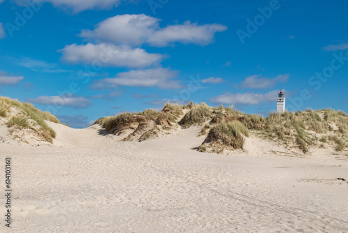 Blåvand Lighthouse beach with blue sky