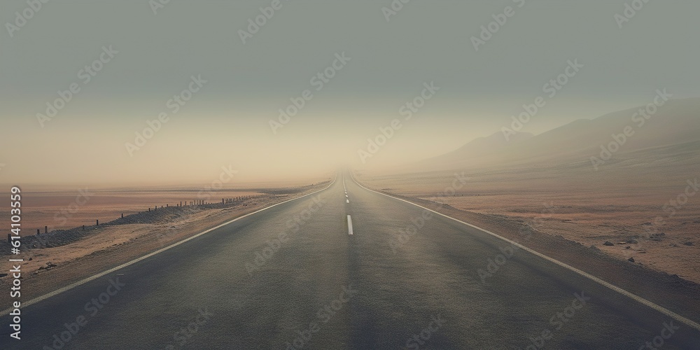 Misty empty road in lowlands. Foggy highway. Mystery travel concept. Generative AI