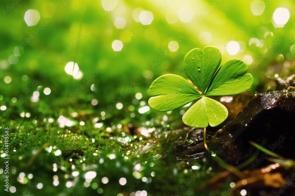 A very cute little Shamrock bird in a mossy forest. Generative AI.