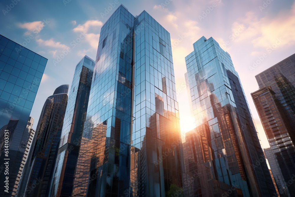 Obraz premium The sun shines through the windows of a skyscraper. Generative AI.