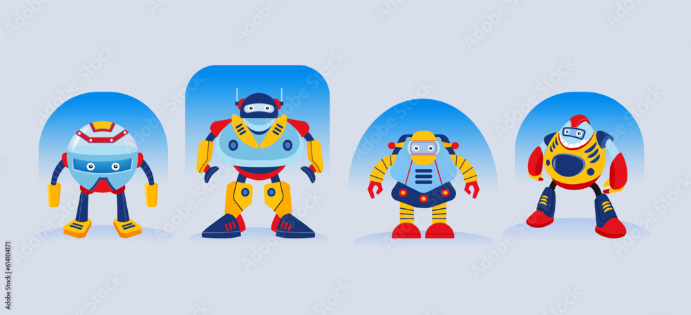 Naklejka premium Hand drawn robot character with different poses collection, Cartoon robot icon set.