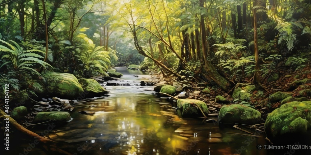 AI Generated. AI Generative. Nature outdoor wild landscape forest jungle river scene. Adventure travel explore vibe. Graphic Art AI Generated. AI Generative. Nature outdoor wild landscape forest jungle river scene. Adventure travel explore vibe. Graphic Art