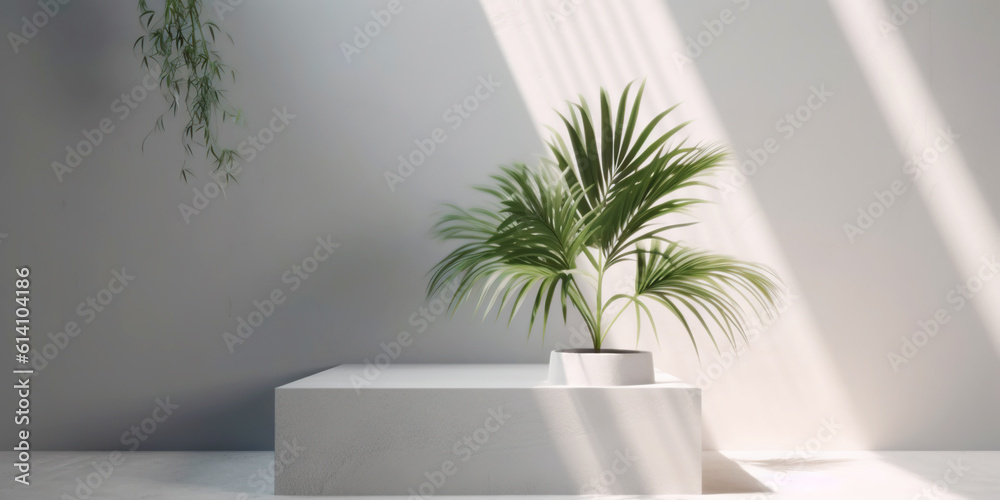 White product display podium with nature palm leaves. Generative AI White product display podium with nature palm leaves. Generative AI