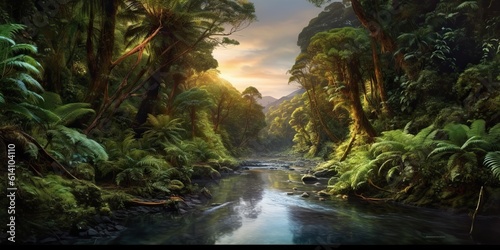 AI Generated. AI Generative. Nature outdoor wild landscape forest jungle river scene. Adventure travel explore vibe. Graphic Art