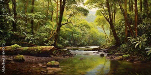 AI Generated. AI Generative. Nature outdoor wild landscape forest jungle river scene. Adventure travel explore vibe. Graphic Art