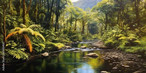 AI Generated. AI Generative. Nature outdoor wild landscape forest jungle river scene. Adventure travel explore vibe. Graphic Art