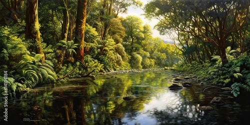 AI Generated. AI Generative. Nature outdoor wild landscape forest jungle river scene. Adventure travel explore vibe. Graphic Art