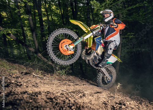 Fototapeta Naklejka Na Ścianę i Meble -  Motocross racer riding on forest
