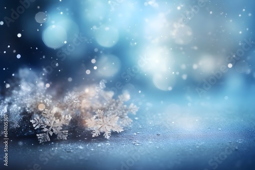 Snowflakes on blue bokeh christmas background, ai generated