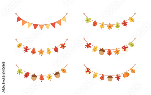 Autumn garland, graphic elements for Fall and Thanksgiving season set. Vector isolated on white background.