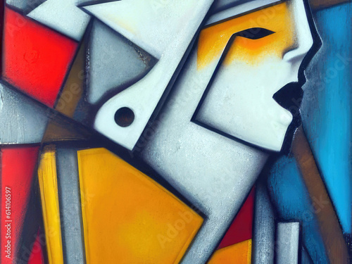 Abstract cubist constructivist art painting with shapes forming a human face