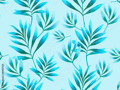 Watercolor painting white blue colour leaves seamless pattern on blue background. Watercolor illustration tropical exotic leaf prints for wallpaper,textile Hawaii aloha jungle pattern.