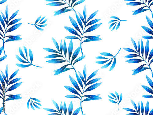 Watercolor painting white blue colour leaves seamless pattern on white background.Watercolor illustration tropical exotic leaf prints for wallpaper,textile Hawaii aloha jungle pattern. .