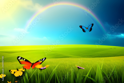 Green meadow with butterfly and rainbow in the sky, vector illustration