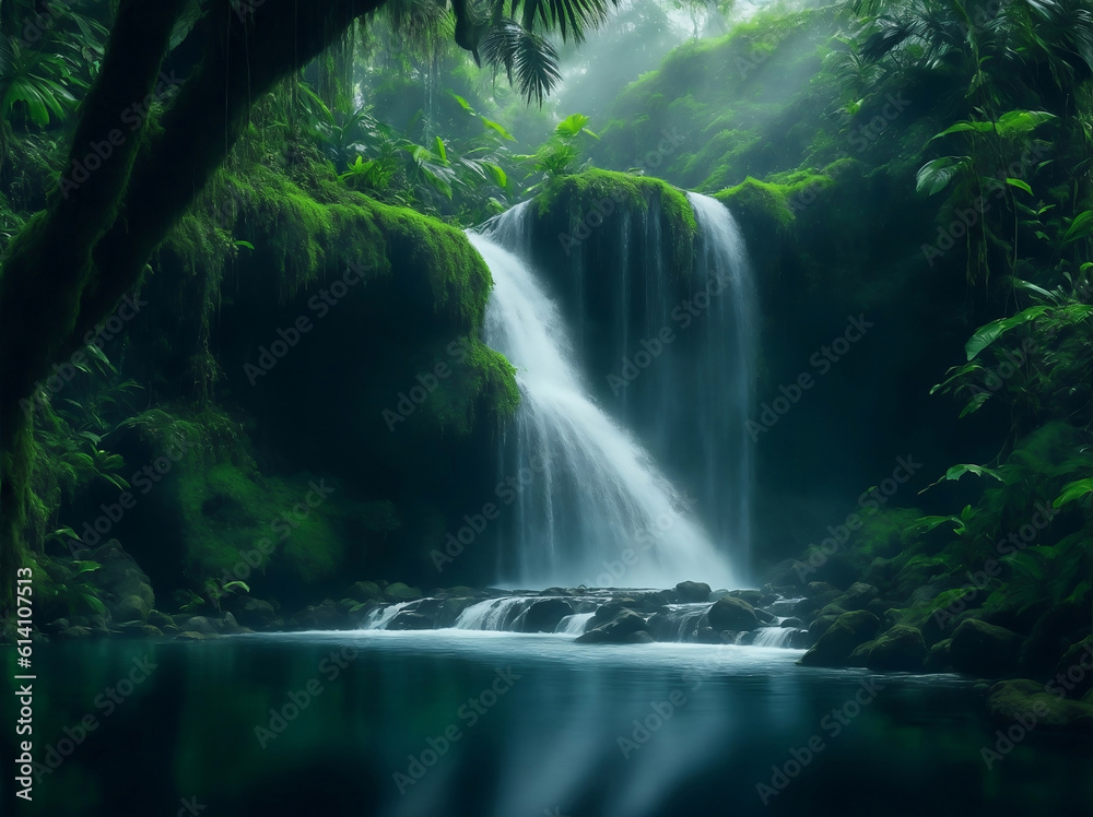 A beautiful waterfall in forest, Generative AI Illustration. A beautiful waterfall in forest, Generative AI Illustration.