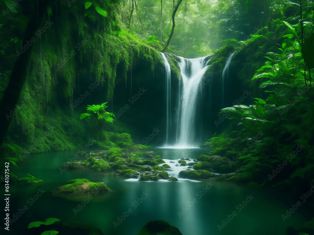 A beautiful waterfall in forest, Generative AI Illustration.