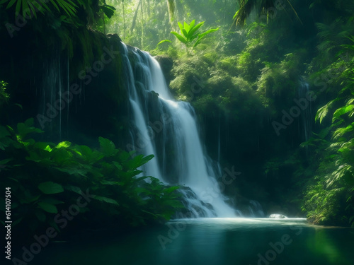 A beautiful waterfall in forest, Generative AI Illustration. © Creative_Bringer
