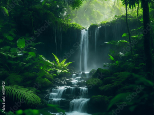 A beautiful waterfall in forest, Generative AI Illustration. © Creative_Bringer