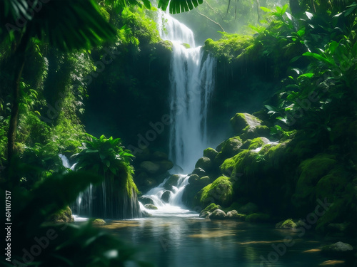 A beautiful waterfall in forest  Generative AI Illustration.