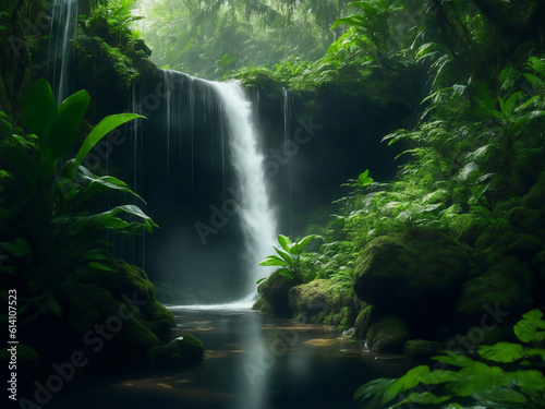 A beautiful waterfall in forest, Generative AI Illustration.
