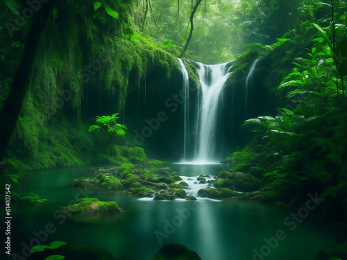 A beautiful waterfall in forest, Generative AI Illustration.