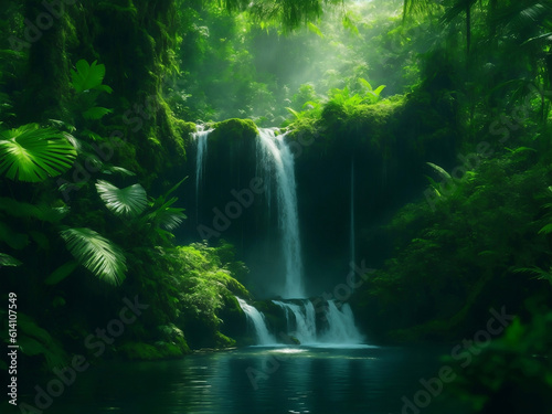 A beautiful waterfall in forest, Generative AI Illustration.