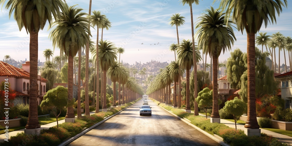 Obraz premium AI Generated. AI Generative. Amrican miami california road trip with palms. Adventure travel vacation vibe. Graphic Art