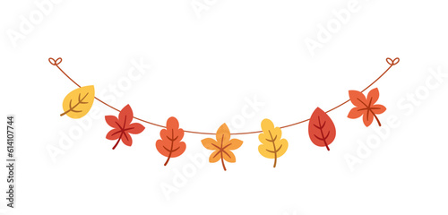 Autumn leaves garland in orange and red colors for Fall and Thanksgiving season. Vector isolated on white background.