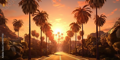 AI Generated. AI Generative. Amrican miami california road trip with palms. Adventure travel vacation vibe. Graphic Art